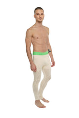 Performance yoga leggings long in sand beige with cream-colored fabric and bright green waistband featuring brand logo