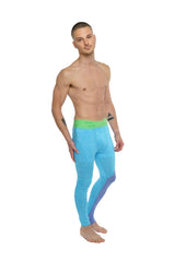 Performance yoga leggings long coral heather with bright blue and purple gradient compression and lime green waistband