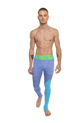 Performance yoga leggings long in blue and turquoise gradient with bright green waistband for athletic use
