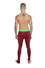 Performance yoga leggings long brick red heather with bright green waistband made from maroon compression fabric