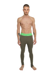 Olive green stretchy performance yoga leggings with bright neon green calvin klein waistband long length