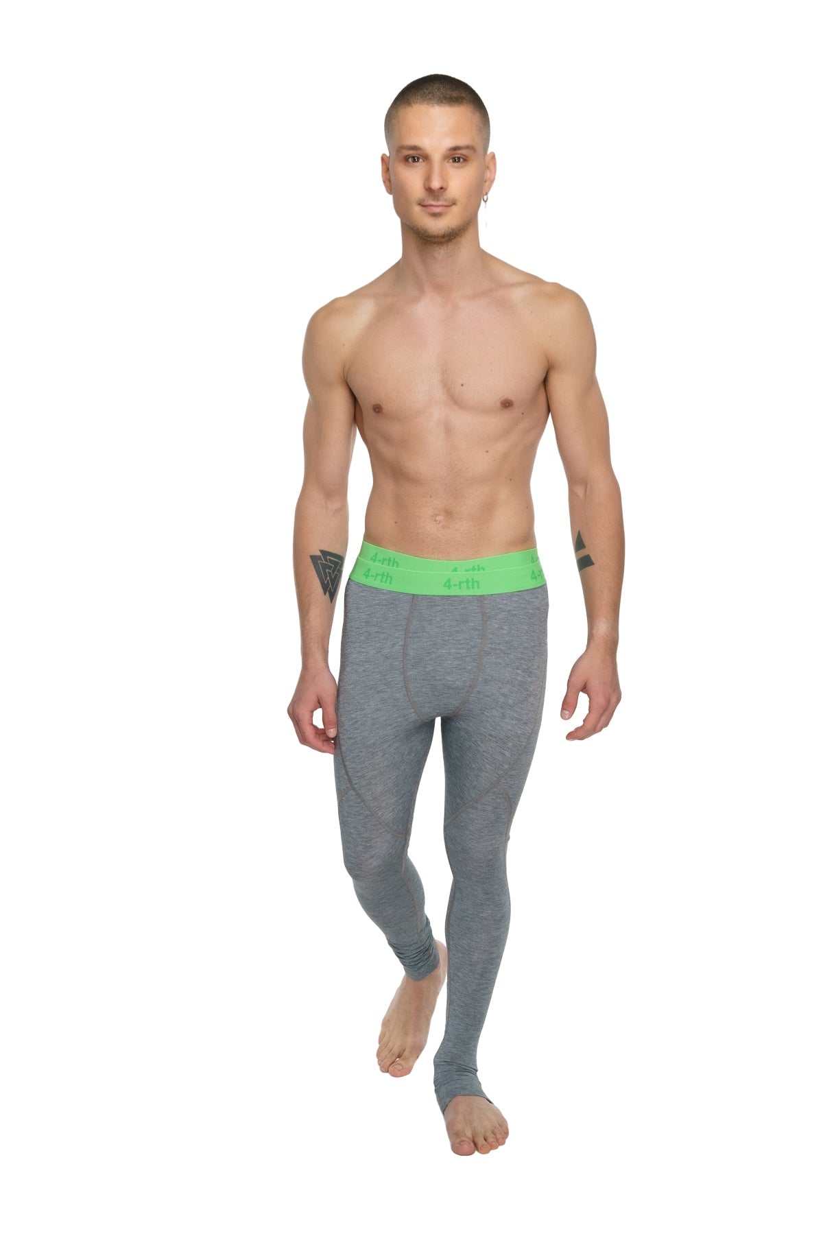 Performance yoga leggings long in steel heather gray merino wool with bright green waistband for active wear
