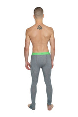 Gray performance yoga leggings long steel heather with a bright green waistband designed for athletic use