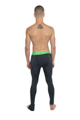 Black performance yoga leggings with a bright green waistband in charcoal heather for long lasting comfort