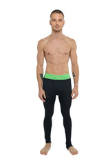 Black calvin klein performance yoga leggings long in carbon black with a bright green waistband shown from the front