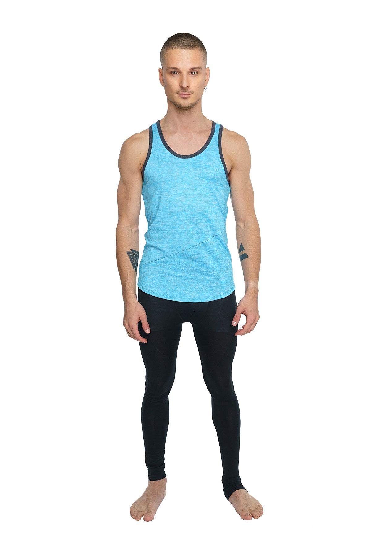 Light blue athletic tank top with black trim and subtle diagonal stitching for performance and comfort