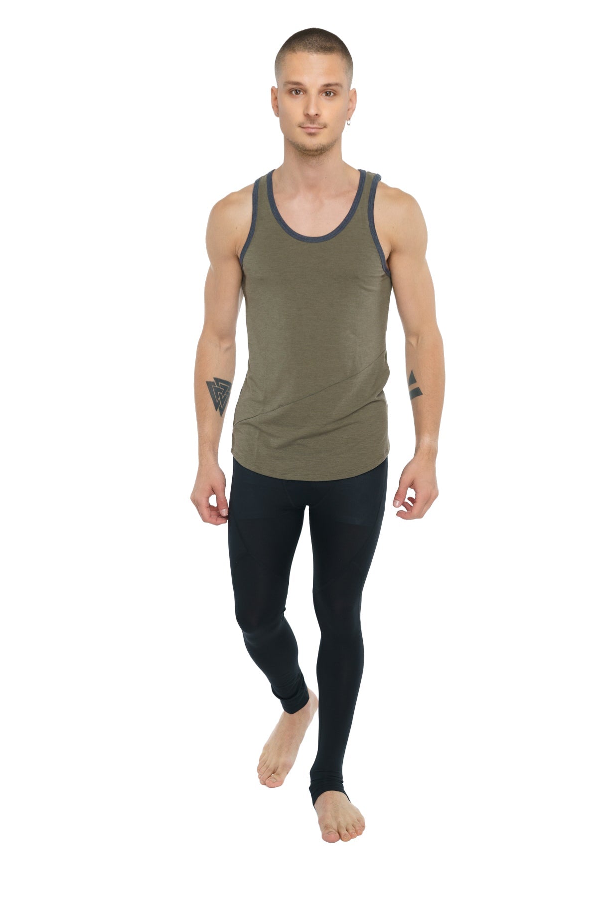Olive heather perfect tank olive green tank top with dark gray trim made from soft breathable fabric