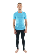 A light blue short-sleeved perfect pocket crew-neck tee with a subtle textured pattern ideal for athletic use