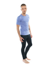 Light blue textured short sleeve athletic shirt with crew neck and pocket in lavender heather fabric