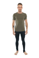Olive green short-sleeved athletic crew-neck tee with a perfect pocket designed for activewear use