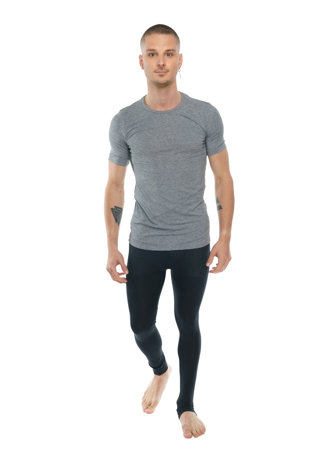 Gray steel heather short-sleeved athletic t-shirt with subtle heathered texture and ribbed crew neckline