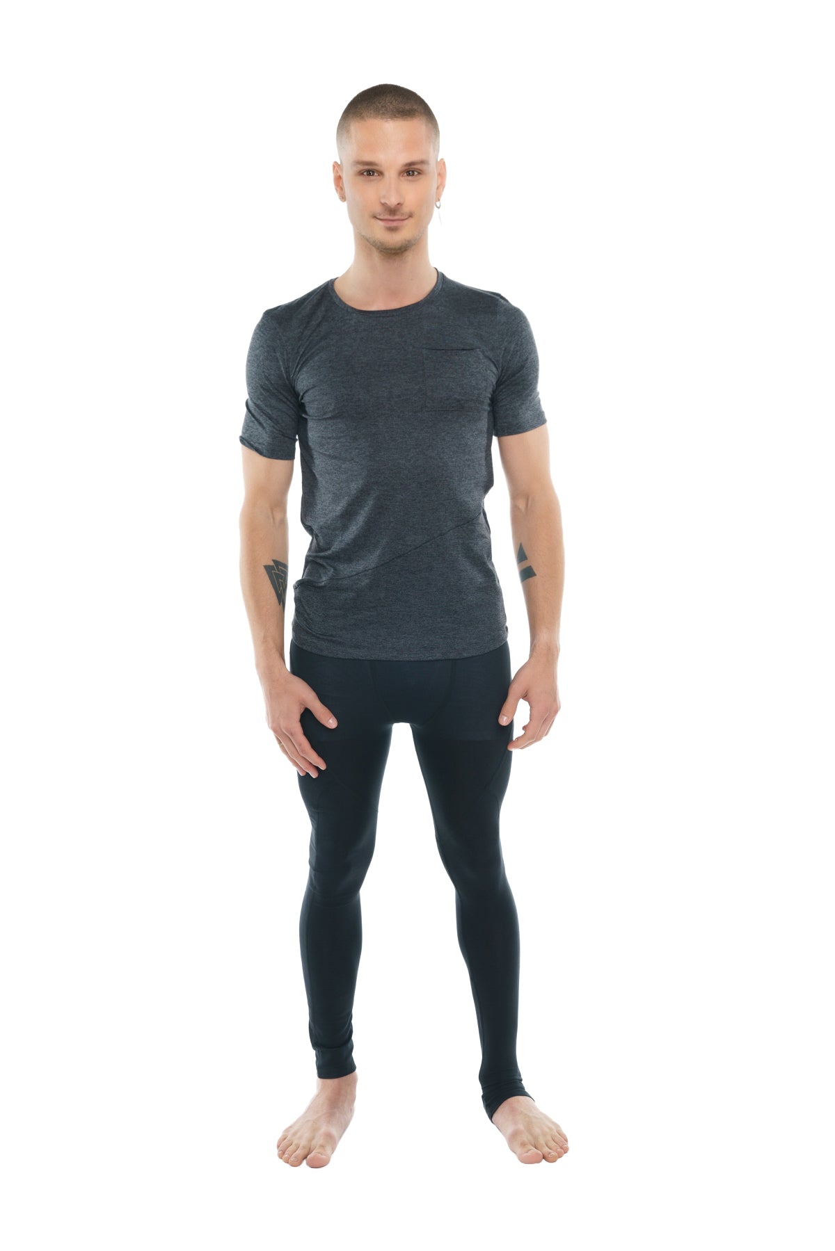 Dark gray short-sleeved athletic perfect pocket crew-neck tee with subtle textured pattern charcoal heather fabric