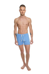 Light blue transition yoga shorts with white drawstrings designed for athletic and casual wear
