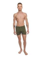 Olive green transition yoga shorts with lime green drawstring designed for athletic and casual wear