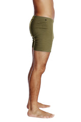 Olive green ribbed cotton boxer shorts with a small black logo on the waistband fusion yoga short army green