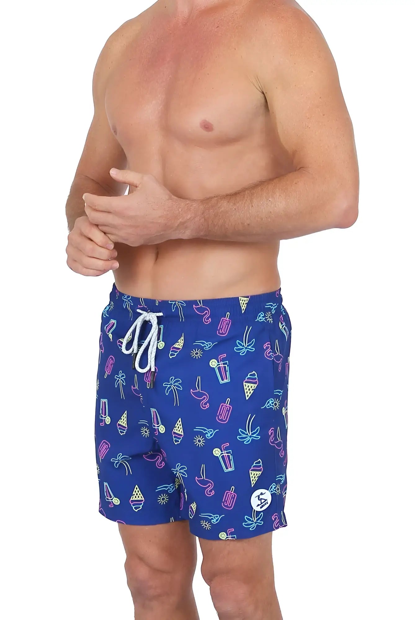Blue 4 way stretch swim short with vibrant neon ice cream flamingo and tropical drink pattern and white drawstrings