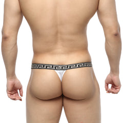 White metro malware bolero thong with black and silver greek key patterned waistband shown from the back