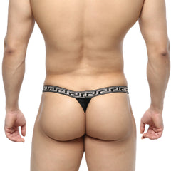 Black metro malewear bolero thong with decorative greek key pattern waistband shown from the back side