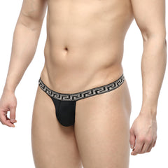 Black metroMalewear bolero thong with decorative greek key pattern on waistband shown from the back side