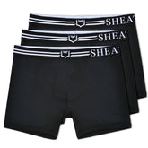 Black men’s boxer briefs with white elastic waistband featuring sheath brand name and shield logo in 4.0 bundle