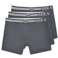 Dark gray dual pouch boxer briefs with white sheath elastic waistband and shield logo in a 3 pack bundle