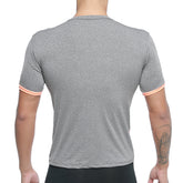 Gray heathered short-sleeved athletic shirt with peach trim on cuffs from metromalewear sib tank top orange 4127-14