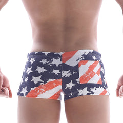 MetroMaleWear cotton swim trunks in patriot orange with distressed american flag design featuring stars and stripes