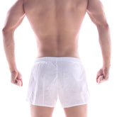 White sheer mesh swim trunks with elastic waistband from metromalewear iron sports short 4703-00
