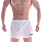 White lightweight mesh swim trunks with drawstring waistband and black logo patch metroMalewear iron sports short