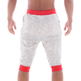 Gray textured capri pants with red elastic waistband and cuffs from MetroMaleWear Scandinavia gym shorts collection