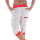 Gray heathered capri pants with red elastic waistband and cuffs featuring orange logo patch from MetroMaleWear Scandinavia