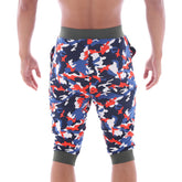 MetroMalewear scandinavia gym shorts camo navy 4711-60 blue red white camouflage capri shorts with olive green waistband and cuffs