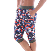 Mens metro malewear scandinavia gym shorts camo navy with navy red white camouflage and olive green waistband and cuffs