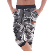 Gray and black camouflage capri pants with black elastic waistband and cuffs from metromalewear scandinavia gym shorts camo grey 4711-62