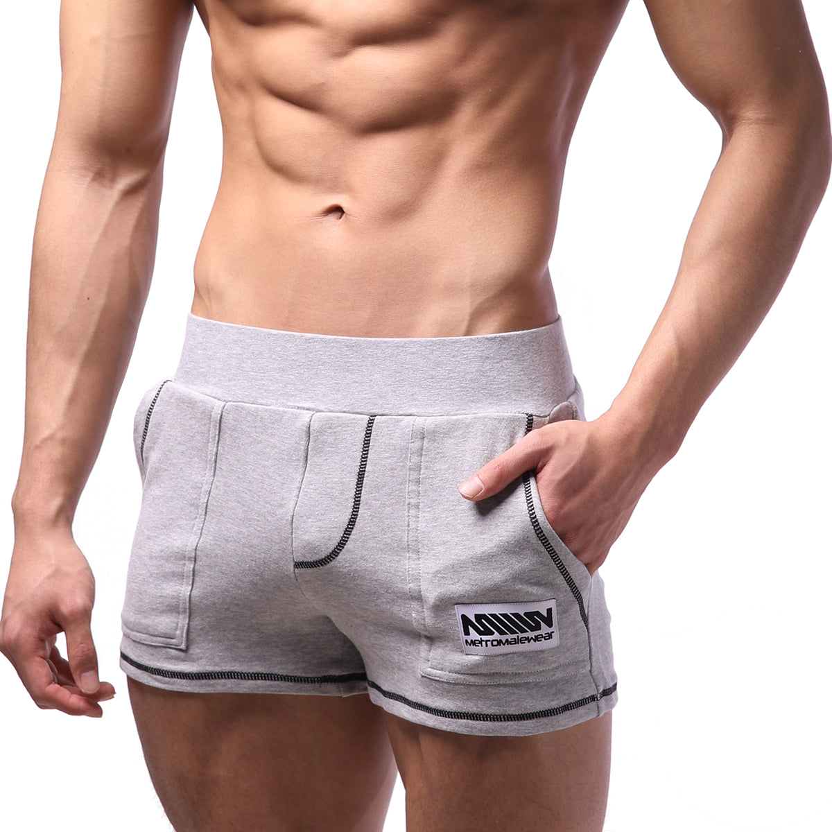 Gray heathered MetroMaleWear Boston athletic sweatshorts with black contrast stitching and front pocket patch