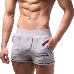 Gray heathered MetroMaleWear Boston athletic sweatshorts with black contrast stitching and front pocket patch