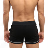 MetroMaleWear Boston athletic short black with snug elastic waistband and contrasting silver trim along the hem