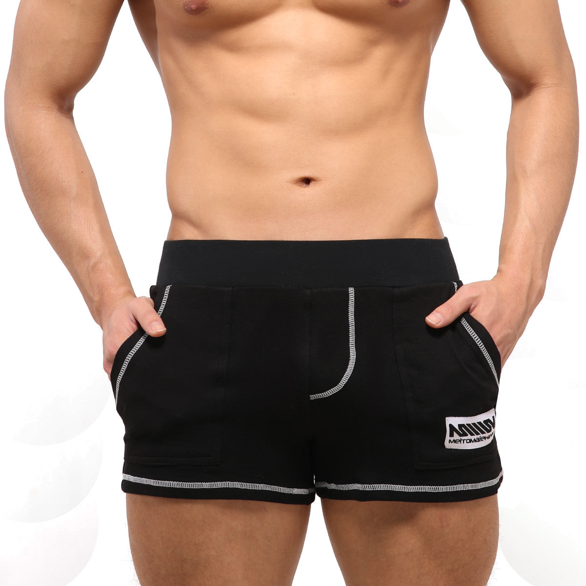 MetroMaleWear Boston athletic short black with white stitched trim and mind mettomar logo patch on lower right leg