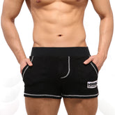 MetroMaleWear Boston athletic short black with white stitched trim and mind mettomar logo patch on lower right leg