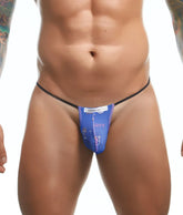 Blue Justin Simon classic g-string thong with black elastic waistband and pink flamingo fun print design
