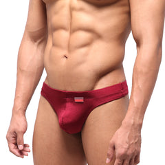 MetroMaleWear classic swim thong wine red satin briefs with subtle sheen and brand tag on waistband front view