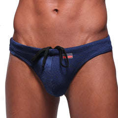 MetroMalewear classic navy swim thong 4902-28 textured with black drawstring and red logo tag for men