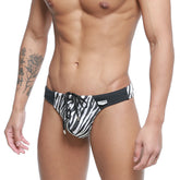 Metro male wear classic swim thong kenya 4902-30 black and white zebra-striped men’s swim trunks with black waistband