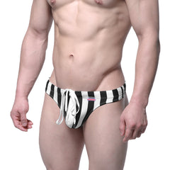 MetroMaleWear classic swim thong stripe 4902-34 black and white striped swim trunks with white drawstring front view