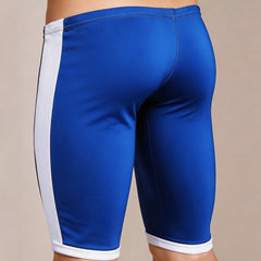 Blue athletic shorts metro male wear campus jammer with white side stripes and trim on waistband and hem