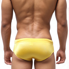 Bright yellow sleek satin swim trunks metro male wear classic swim brief mango 4914-15 for swimming use