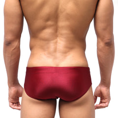 MetroMalewear classic swim brief wine 4914-42 is a sleek satin finish red swim trunk with a snug, form-hugging design