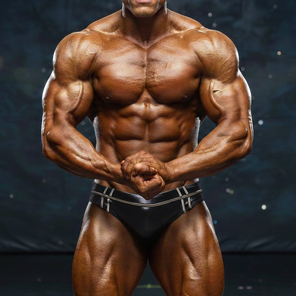A muscular man wearing metroMalewear duque black swim brief with silver trim in a form-fitting design