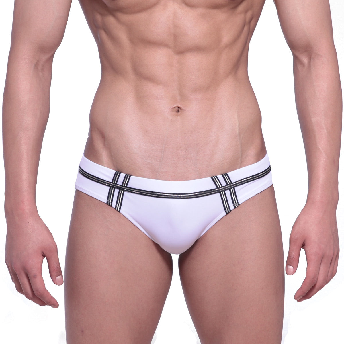 White swim trunks by metromalewear duque with black striped detailing for stylish beachwear and swimming