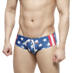 MetroMaleWear classic swim brief usa 4914-92 blue trunks with white stars red and white striped side panels and drawstring closure